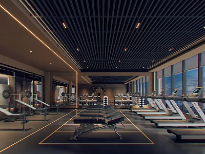 Modern Gym Interior With Treadmills Weight Machines Large Windows And Striped Ceiling 3d model