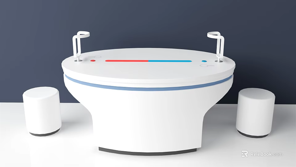 Modern White Round Desk with Support Stands and Stools Against Dark Blue Wall 3d model 