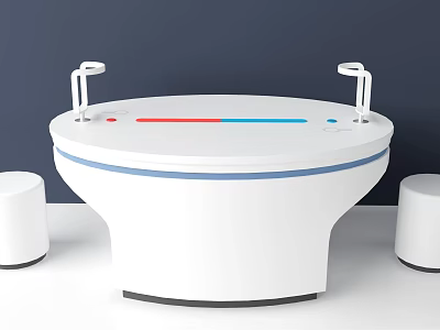 Modern White Round Desk with Support Stands and Stools Against Dark Blue Wall 3d model