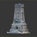 Scenic Landscape with Ancient Stone Tower Featuring Steps and a Lion Statue 3d model
