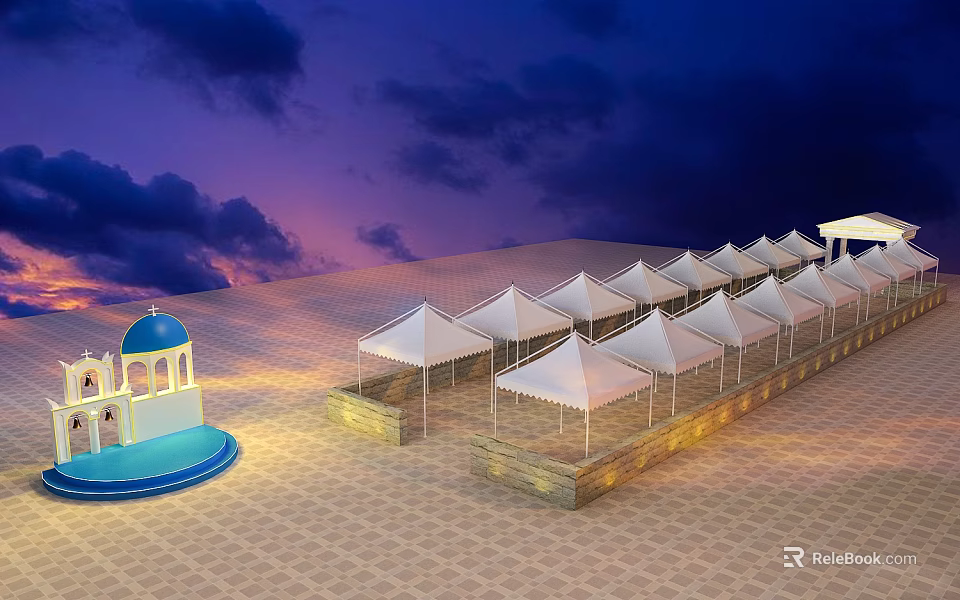 Evening Commercial Street Featuring White Canopies Blue Domed Building Paved Ground And Lighting 3d model 
