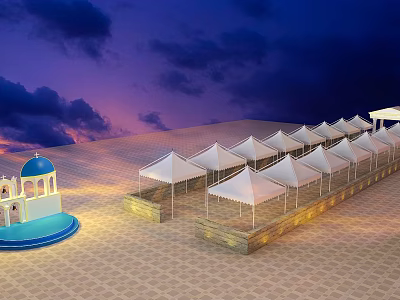Evening Commercial Street Featuring White Canopies Blue Domed Building Paved Ground And Lighting 3d model
