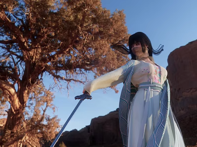 Woman In Traditional Robe Holding Sword Near Ancient Tree And Rocky Mountains Under Blue Sky 3d model