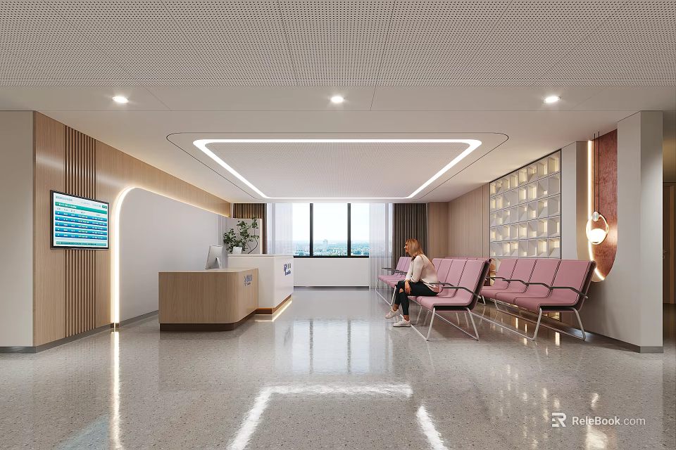 Modern Hotel Lobby With Reception Desk Pink Seating Natural Light And Polished Floor 3d model 