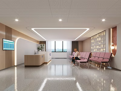 Modern Hotel Lobby With Reception Desk Pink Seating Natural Light And Polished Floor 3d model