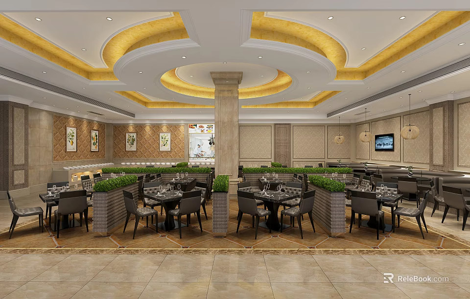 Elegant Restaurant Interior Design With Circular Ceiling Pillars Dining Tables And Green Plants 3d model 