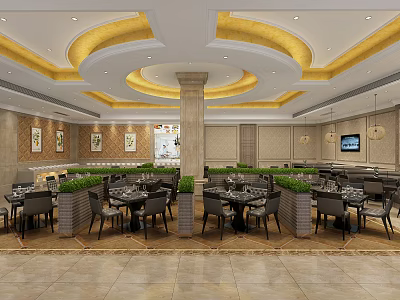 Elegant Restaurant Interior Design With Circular Ceiling Pillars Dining Tables And Green Plants 3d model