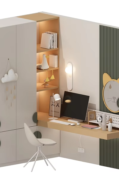 Light Colored Bookcase in Kids Room with Desk Computer Lamp and Cartoon Mirror 3d model