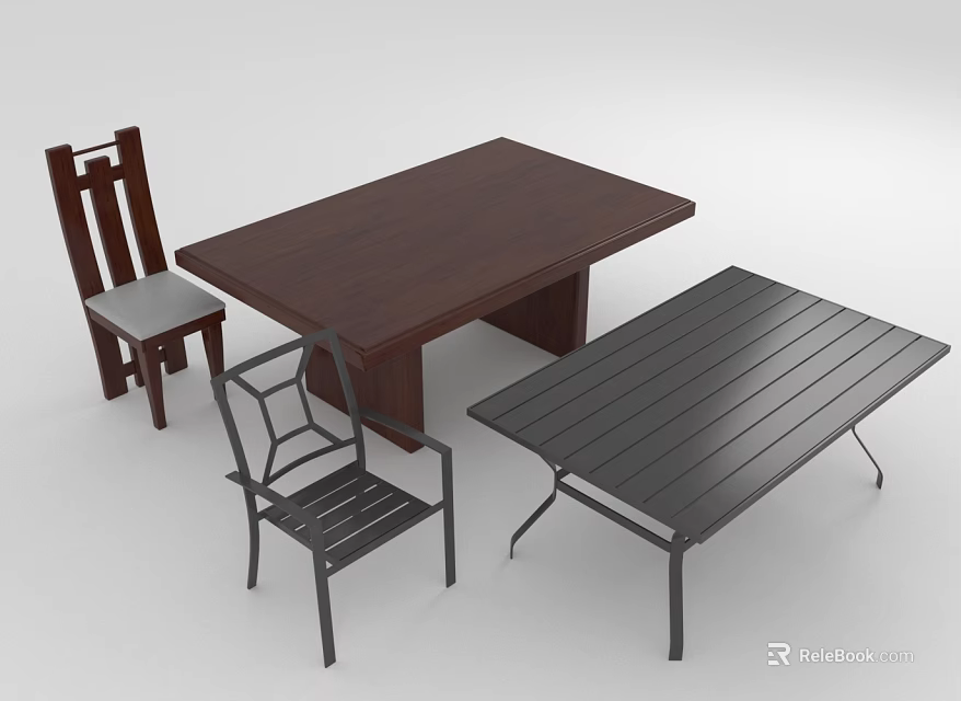 Wooden Dining Table And Metal Chairs With Black Outdoor Table Furniture Set 3d model 