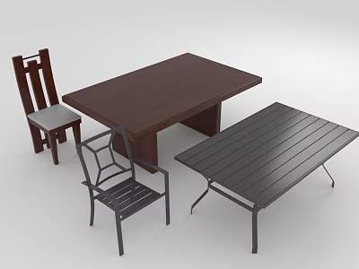 Wooden Dining Table And Metal Chairs With Black Outdoor Table Furniture Set 3d model