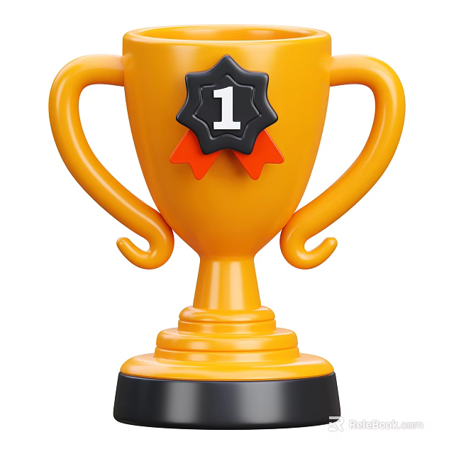 Decorative Ornament Set Featuring Yellow Trophy With Black Number 1 Badge And Red Ribbon 3d model 