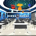 School Astronomy Classroom Featuring Starry Ceiling Planet Decorations Blue Walls And Tables With Chairs
