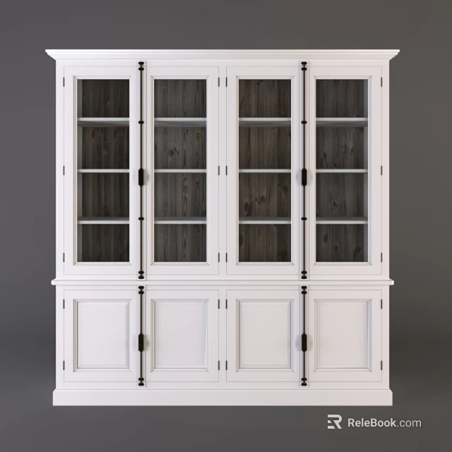 White Decorative Cabinet With Glass Doors Solid Wood Panels And Black Handles 3d model 
