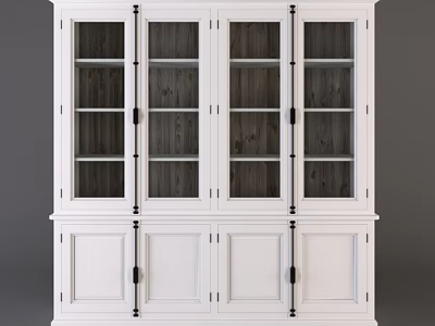 White Decorative Cabinet With Glass Doors Solid Wood Panels And Black Handles 3d model