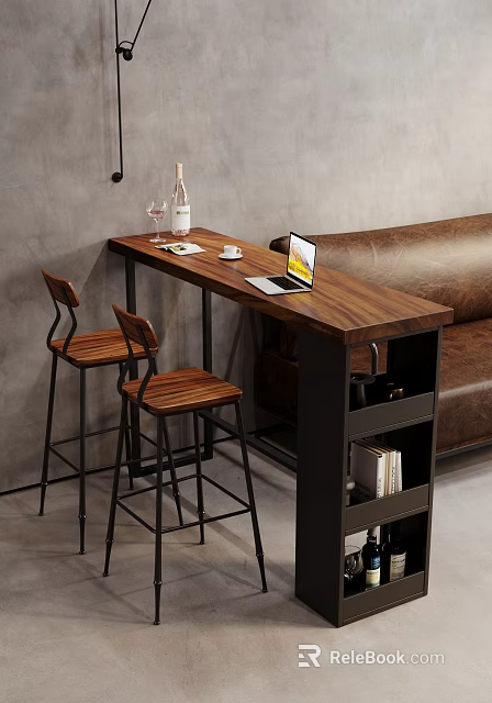 Wooden Bar Counter with Wine Glasses Coffee Cup Laptop and Wooden Stools by Brown Sofa 3d model 