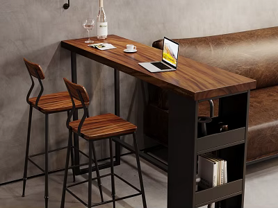 Wooden Bar Counter with Wine Glasses Coffee Cup Laptop and Wooden Stools by Brown Sofa 3d model