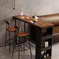 Wooden Bar Counter with Wine Glasses Coffee Cup Laptop and Wooden Stools by Brown Sofa