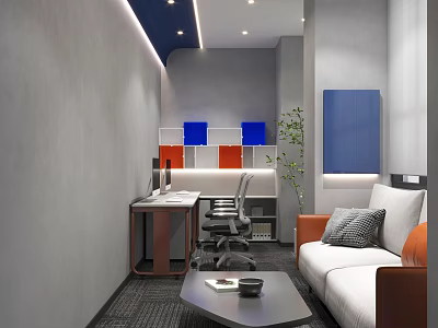 Modern Office Interior With Gray Walls Blue Orange Decor Desk Chair White Sofa Green Plant Lights 3d model
