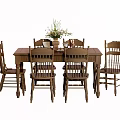 Traditional Wooden Dining Table Set With Six Chairs And Floral Centerpiece