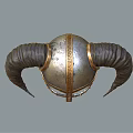 Medieval Helmet With Large Curved Horns Metallic Silver Surface And Intricate Golden Patterns
