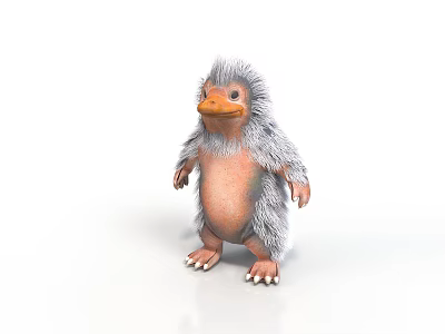 Fluffy 3D Creature With Orange Beak And Short Legs On White Background 3d model