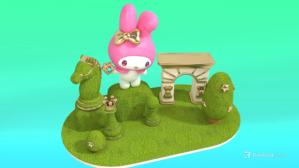 Adorable Photo Spot With Pink Bunny Carousel Horse Green Lawn Golden Arch And Star Bushes 3d model 