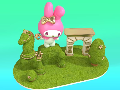 Adorable Photo Spot With Pink Bunny Carousel Horse Green Lawn Golden Arch And Star Bushes 3d model
