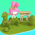 Adorable Photo Spot With Pink Bunny Carousel Horse Green Lawn Golden Arch And Star Bushes