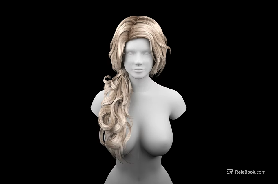 Game Film Character With Blonde Long Curly Hair Side Ponytail And Upper Body Black Background 3d model 