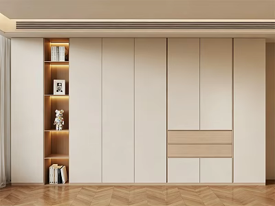 Modern Wardrobe Interior Design With Lit Open Shelves Books Decorations And Wooden Parquet Floor 3d model