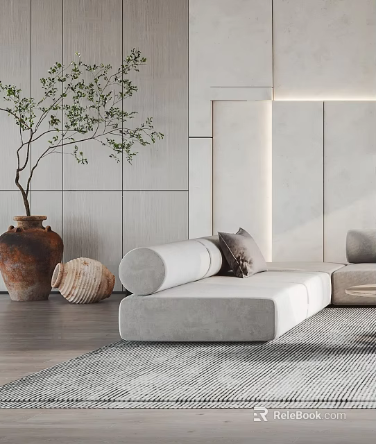 Modern Minimalist Living Room With Light Gray Sectional Sofa Decorative Vases And Plant 3d model 