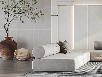 Modern Minimalist Living Room With Light Gray Sectional Sofa Decorative Vases And Plant 3d model