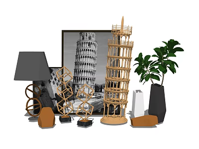Modern Decorative Ornament Set With Leaning Tower Model Table Lamp Green Plant And Geometric Decor 3d model