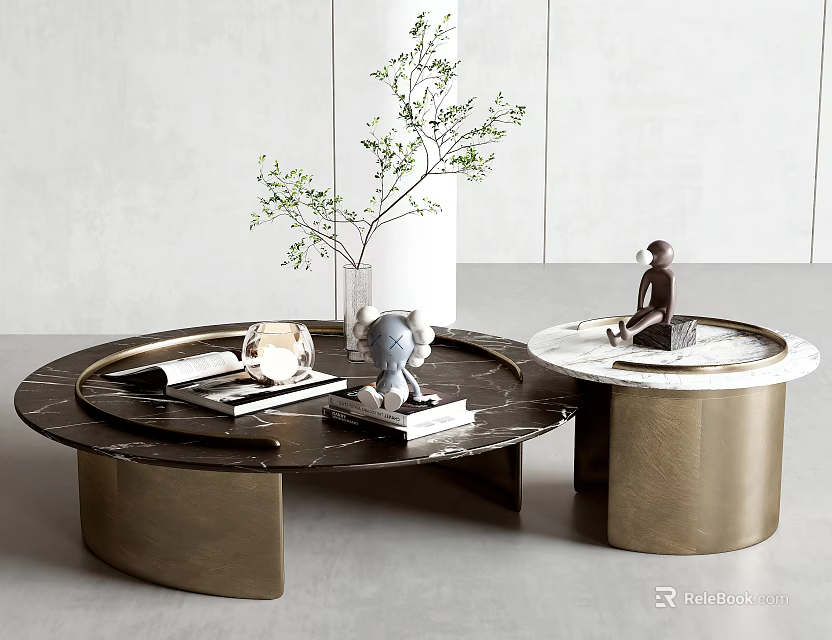 Modern Round Coffee Tables With Marble Tops Golden Metal Bases And Decorative Green Plants Books 3d model 