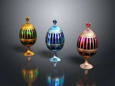 Colorful Striped Egg Shaped Furniture Decorative Ornaments With Gold Blue Purple Bases 3d model