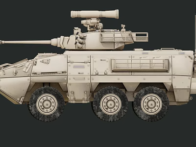 Beige Wheeled Military Tank with Turret Mounted Cannon Barrel and Six Wheels 3d model
