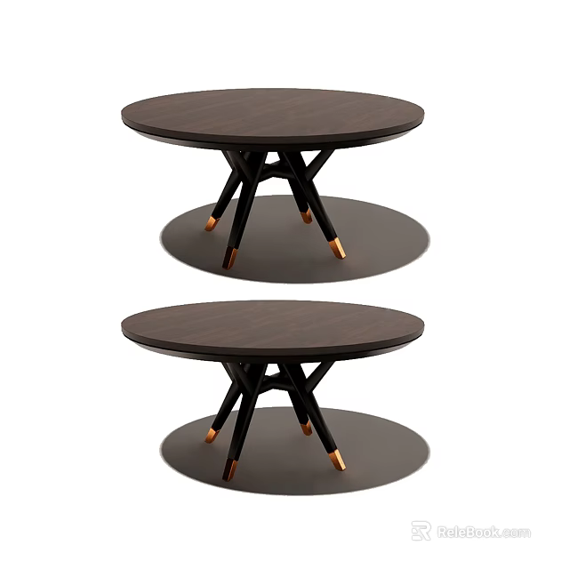 Pair of Dark Wood Round Coffee Tables with Black Frame and Brass Feet 3d model 