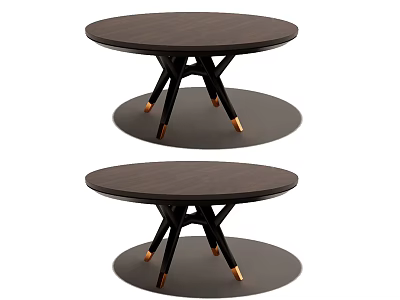 Pair of Dark Wood Round Coffee Tables with Black Frame and Brass Feet 3d model