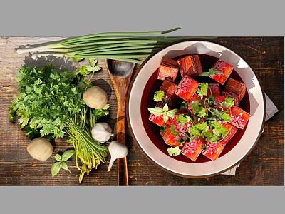 Braised Pork Cubes in Red Sauce with Scallions Coriander Mushrooms and Garlic on Wooden Table 3d model