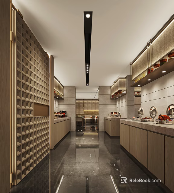 Modern Restaurant Interior With Wooden Wine Rack Cabinets And Linear Lighting Design 3d model 