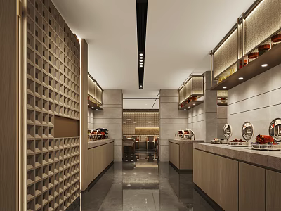 Modern Restaurant Interior With Wooden Wine Rack Cabinets And Linear Lighting Design 3d model