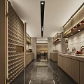 Modern Restaurant Interior With Wooden Wine Rack Cabinets And Linear Lighting Design