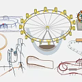 Colorful Amusement Rides Collection Featuring Ferris Wheel Roller Coaster Tracks Carousel And Climbing Frames