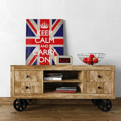 Wooden TV Stand With Wheels Drawers Open Shelves Decorative Poster Digital Clock And Fruit Basket 3d model