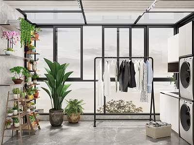 Sunlit Villa Balcony With Plants Laundry Area And Clothes Rack 3d model