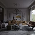 Elegant Modern Living Room Interior With Tufted Sofa Chandelier And Artwork Rug