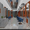 Modern Beauty Salon Interior With Cloud Shaped Ceiling Lights Blue Chairs Mirrors And Marble Counter