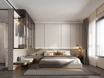 Modern Bedroom Interior Design With Bed Pillows Nightstand Lamps Glass Wardrobe And Light Colored Walls 3d model