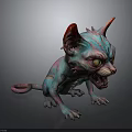 Fantasy Feline Creature With Vibrant Teal Pink Fur Red Ears Fierce Expression Sharp Claws Fangs