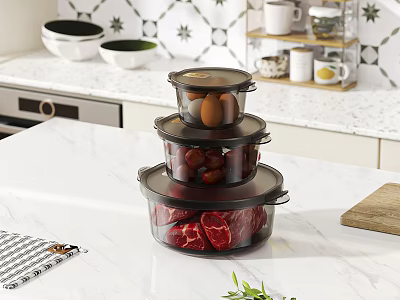 Transparent Stacked Storage Containers With Eggs Strawberries Raw Meat On Marble Dining Table In Kitchen 3d model